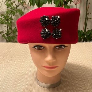 Elegant Red Wool Beret with Black Crystal Floral Embellishments
